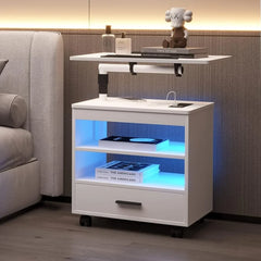 LED Nightstand w/ Charging Station & Sockets, Modern Bedside Table, Large Side End Table, Laptop Tray Workstation, Movable Wheel