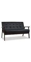 Mid-Century Modern Solid Loveseat Sofa Upholstered Faux Leather Couch 2-Seat Wood Armchair Living Room/Outdoor Lounge C