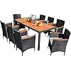 9 Piece Patio Dining Set Outdoor Acacia Wood Table and Chairs with Soft Cushions Wicker Patio Furniture for Deck Backyard Garden