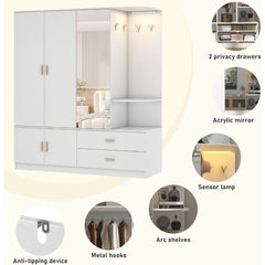 5 Doors Armoire Wardrobe Closet with Sensor Lamp and Mirror,Wooden Armoire Closet with 2 Drawers,4Hooks,2Hanging Rods,Open Space