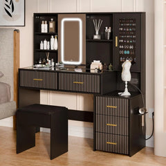 Fluted Makeup Vanity Desk with Mirror and Lights Modern Drawer Storage LED Table Power Outlet Small for Bedroom Dressing