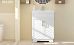 Vanity with Ceramic Sink, Bathroom Vanity Cabinet with 2 Doors, 24 Inches Wooden Bathroom Sink Cabinet, White