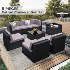 8PCS Outdoor Wicker Rattan Patio Furniture Sectional Set with Hidden Storage 7 Sofa Sections Oversized Cushions