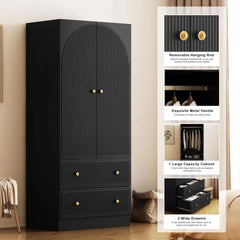 Freestanding Bedroom Armoire Wardrobe with 2 Drawers, Chest Clothes Storage with Clothing Rod and 2 Storage Doors, Wardrobes