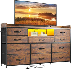 Dresser TV Stand with TV Stand for Bedroom with LED Lights & Power Outlets Long Dresser for Bedroom with Shelves