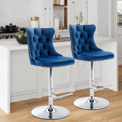 Bar Stools Set of 2,Adjustable Barstools with Back Velvet Tufted Counter Stool Modern Upholstered Bar Chairs with Nailhead