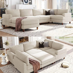 L/U 6 Seaters Free Combined Corner Sofa&Couch Convertible Spacious Sleeper Sofabed for Living Room with Movable Ottoman