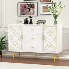 48" Sideboard Buffet Cabinet with Storage, White & Gold Floral Accent Storage Cabinet with 4 Doors, Credenza for Living Room