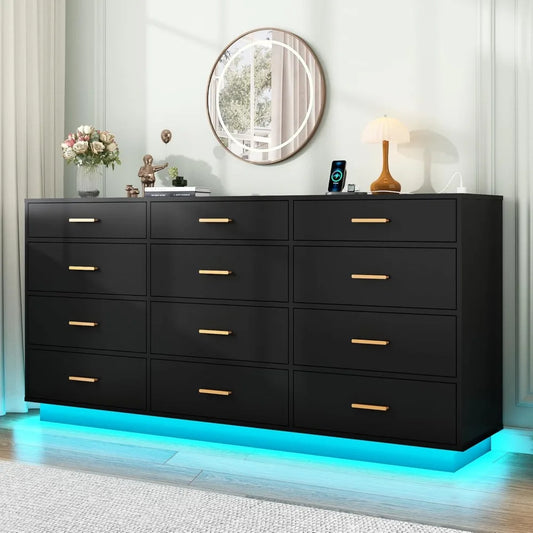 12 Drawers Dresser w/Power Outlet,60000-Colors Lights,63In Long Dresser Chest for Bedroom,Wooden Tall  Storage Cabinet