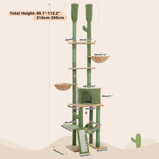 Cactus Cat Tree Floor to Ceiling Cat Tower 7 Tiers Cat Climbing Tree with Cozy Hammocks and Condos 5 Platforms Scratching Posts