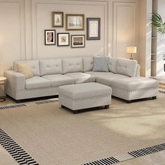 Sectional Sofa Couch with Reversible Chaise and Ottoman,Polyester L-Shape Couch with 2 Pillows and Cup Holder, Sectional Sofas