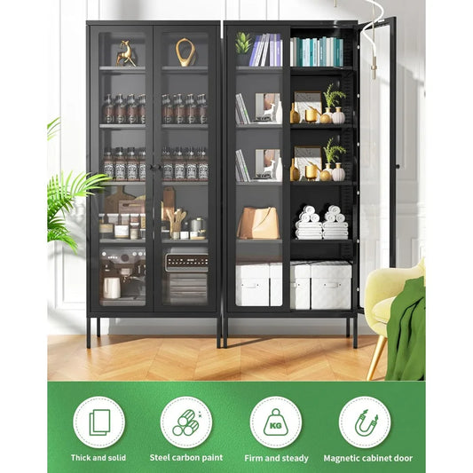 Living Room Cabinets, Display Curio Glass Storage Cabinet with Glass Doors and 4 Shelves, Tall Bookcase Bookshelf Cabinets