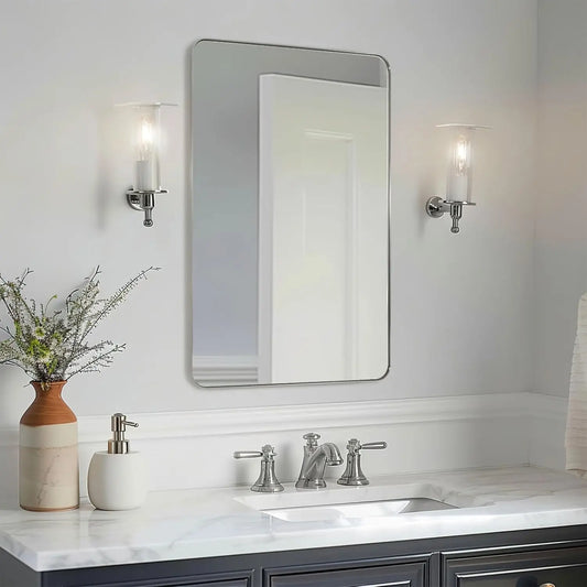 Bathroom Mirror, 24”x40” Rounded Corner Rectangle Mirror, Modern Metal Frame Bathroom