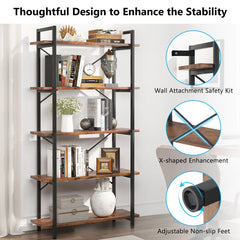 Tribesigns 5 Tier Bookshelf, Industrial Etagere Bookcase with Metal Frame, Rustic Tall Book Shelf Unit for Living Room