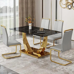 63” Glass Dining Table Set for 4,Modern Dining Room Table Set for 4,Kitchen Table and PU Leather Chairs for 4, Glass Top