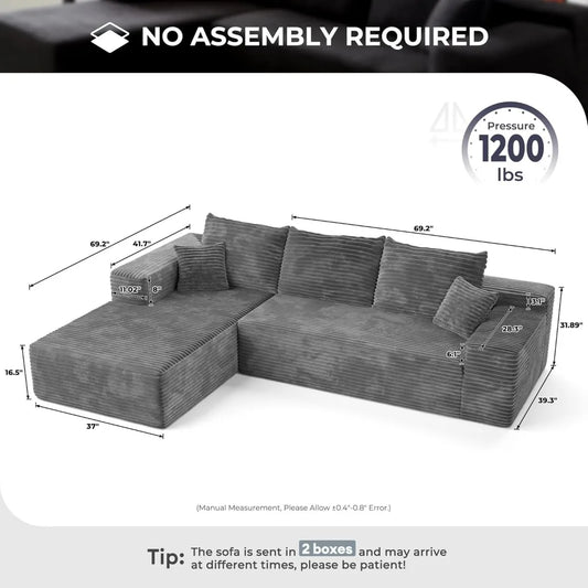 Grey (Plush Corduroy Fabric) Couch Living Room Sofa Chair Upholstered Couches for Living Room Bedroom No Assembly Required Sofas