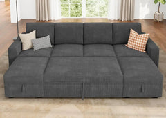 Modular Sectional Sleeper Sofa Bed, Corduroy Pull Out Couch with Storage Ottoman, U Shaped Sectional Couches for Living Room