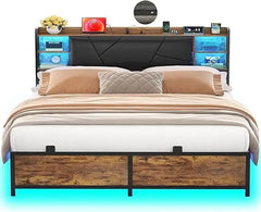 Queen Size Bed Frame with Charging Station and Cool LED Lights, Sturdy Platform Bed with Upholstered Storage Headboard