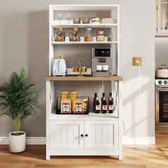 Microwave Stand Bakers Rack Cabinet,Farmhouse Freestanding Small Kitchen Pantry Hutch Tall w Door Power Outlet Thickened Counter