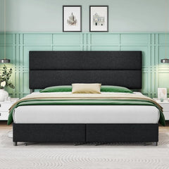 Bed Frame, King, 47.6 Inches, Linen Upholstery with 2 Drawers,Height Adjustable Headboard,No Springs Required,Platform Bed Frame