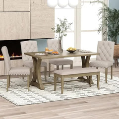 Design a classic and traditional style 6-piece cutlery set, including a dining table, 4 cushioned chairs, and benches