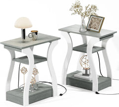 End table Set of 2 with Charging Station, Side Table with USB Ports and Outlets, Nightstand,3 Tier End table with Storage Shelf