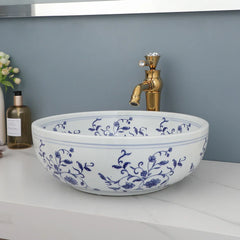 JIENI Circular Blue And White Porcelain Ceramic Basin Set W/ Antique Bamboo Shaped Faucet And Pop Drain Bathroom Sink Lavabo