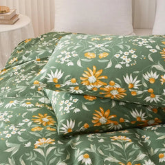 Duvet Cover Queen 100% Cotton, Green Garden Flower Pattern Bedding Duvet Cover Set Full Queen with Pillowcases Durable Zipper