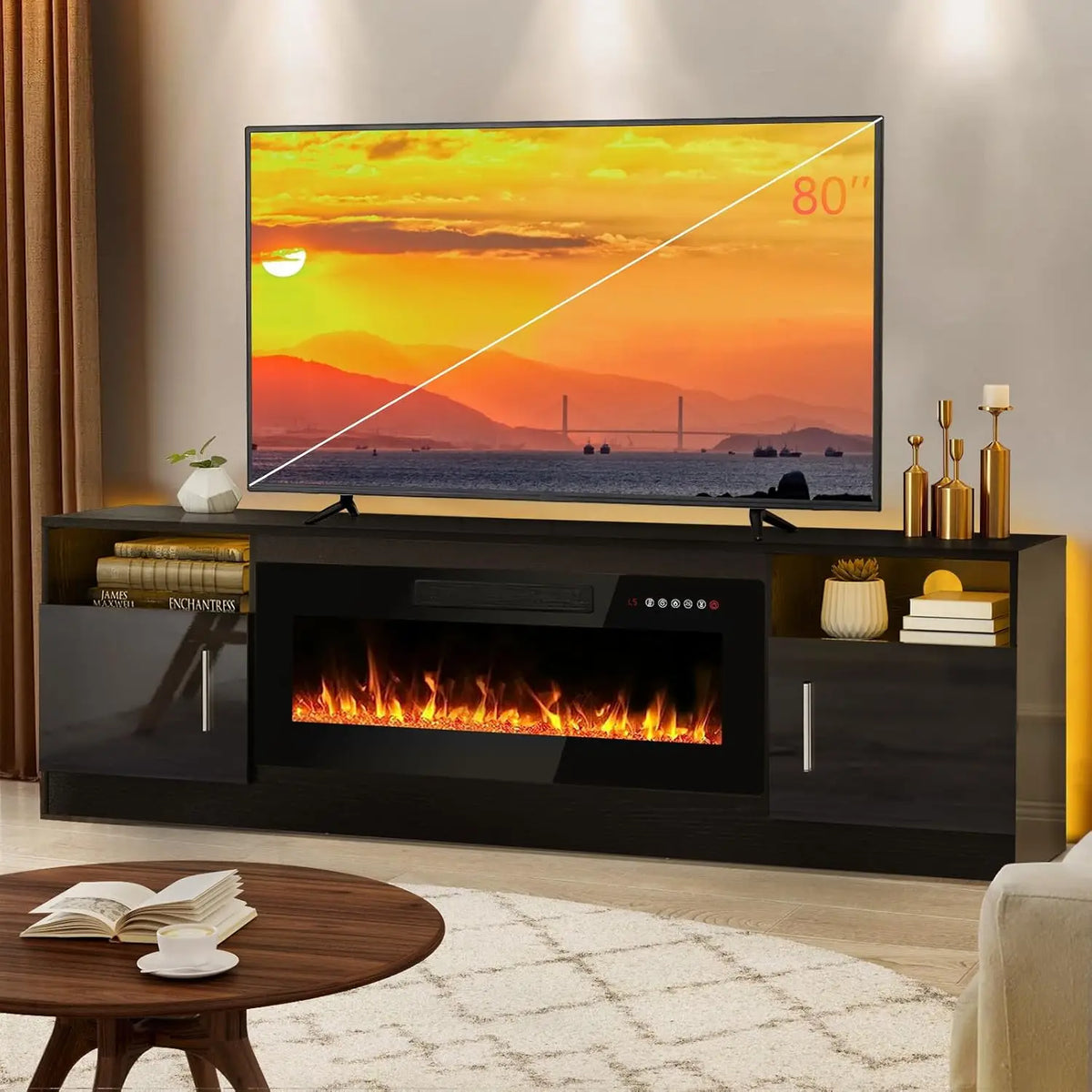 Fireplace tv Stand with 36 inch Fireplace Up to 80" TVs,LED Light Entertainment Center and Storage