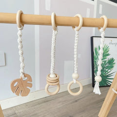 Baby Play Gym Frame Wooden Beech Activity Gym Frame Stroller Hanging Pendants Toys Teether Ring Nursing Rattle Toys Room Decor