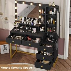 2024 Large Makeup Vanity with Lights and Charging Station Vanity Desk with Mirror and Lights Vanity Table with Nightstand Makeup