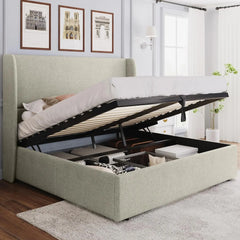 King Size Lift Up Storage Bed Upholstered Platform Bed Frame with Hydraulic Storage/Wingback Headboard/No Box Spring NeededWhite