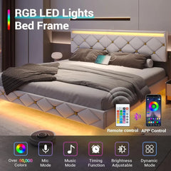 Floating Bed Frame King Size with Led Lights and USB Ports,Faux Leather Platform King Bed Frame with Headboard Easy To Assemble