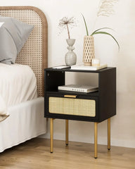 Rattan Nightstand with Charging Station, 2 Drawer Dresser for Bedroom, Small Bedside Table with 2 Drawers, Night Stand,