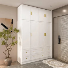 Large Wardrobe Armoire Closet with 4 Doors, White Wardrobe with Hanging Rods and Drawers, Top Cabinets, Bedroom Armoire