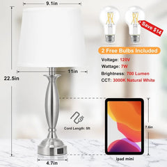 Bedrooms Touch Control Bedside Lamp with USB C+A, 3 Way Dimmable Nightstand Lamps with USB Port, Brushed Nickel Table Lamp for