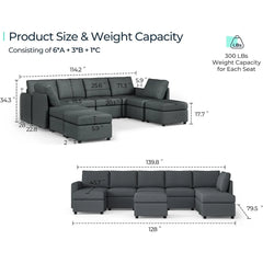 Modular Combination Sofa, Oversized Combination Sofa with Storage Space, Footstool,modular Combination Sofa Bed with Memory Foam