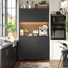 71'' Tall Kitchen Pantry Storage Cabinet with Power Outlets and Led Lights,Large Kitchen  Buffet Cabinet with Microwave Stand