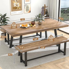 72IN Large Solid Wood Dining Table for 6 8 10 People, Rectangle Kitchen Furniture with/Adjustable Metal Leg (No Bench)