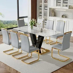 71'' Dining Table Set for 8, Modern Kitchen Table with 8 PU Leather Chairs, Marble Dining Table Set