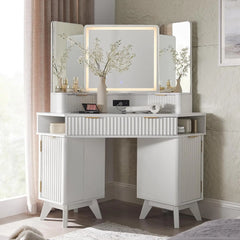 Fluted Makeup Vanity Desk with 3 Way Mirror and Lights, 48" Large Corner Vanity Table with Glass Top, Charging Station, 3 Drawer