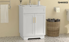 Vanity with Ceramic Sink, Bathroom Vanity Cabinet with 2 Doors, 24 Inches Wooden Bathroom Sink Cabinet, White