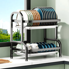 2-Tier Dish Drying Rack With Drain Board, Kitchen Counter With Cutlery & Cup Holder & Drainboard Black