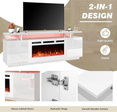 70'' Fireplace TV Stand with 36'' Electric Fireplace with 12 Flame Fireplace Insert Heater and 16 Color Led Lights,White