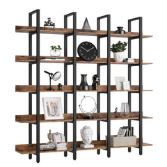 IRONCK Bookcase and Bookshelves Triple Wide 5 Tiers Large Open Shelves, Etagere Bookcases with Back Fence for Home Office Brown