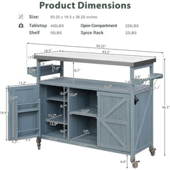 Kitchen Island Rolling Bar Cart & Storage Cabinet, Farmhouse Solid Wood Outdoor Grill Table with Stainless Steel Top, Spice Rack