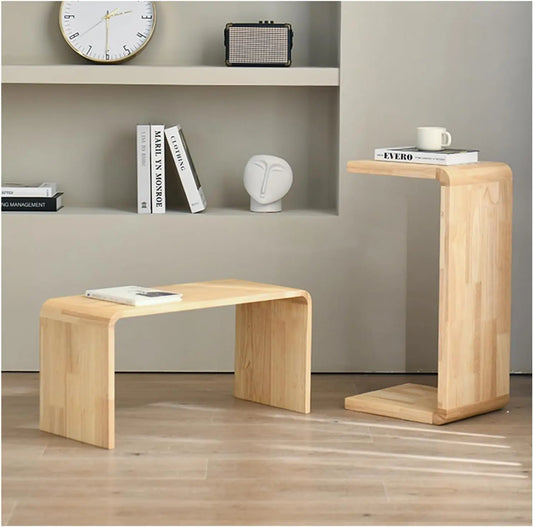 Solid Wood End Table for Couch, C Shaped Mini Sofa Side Table for Small Narrow Spaces, Wooden Nightstand for Living Room Bedroom