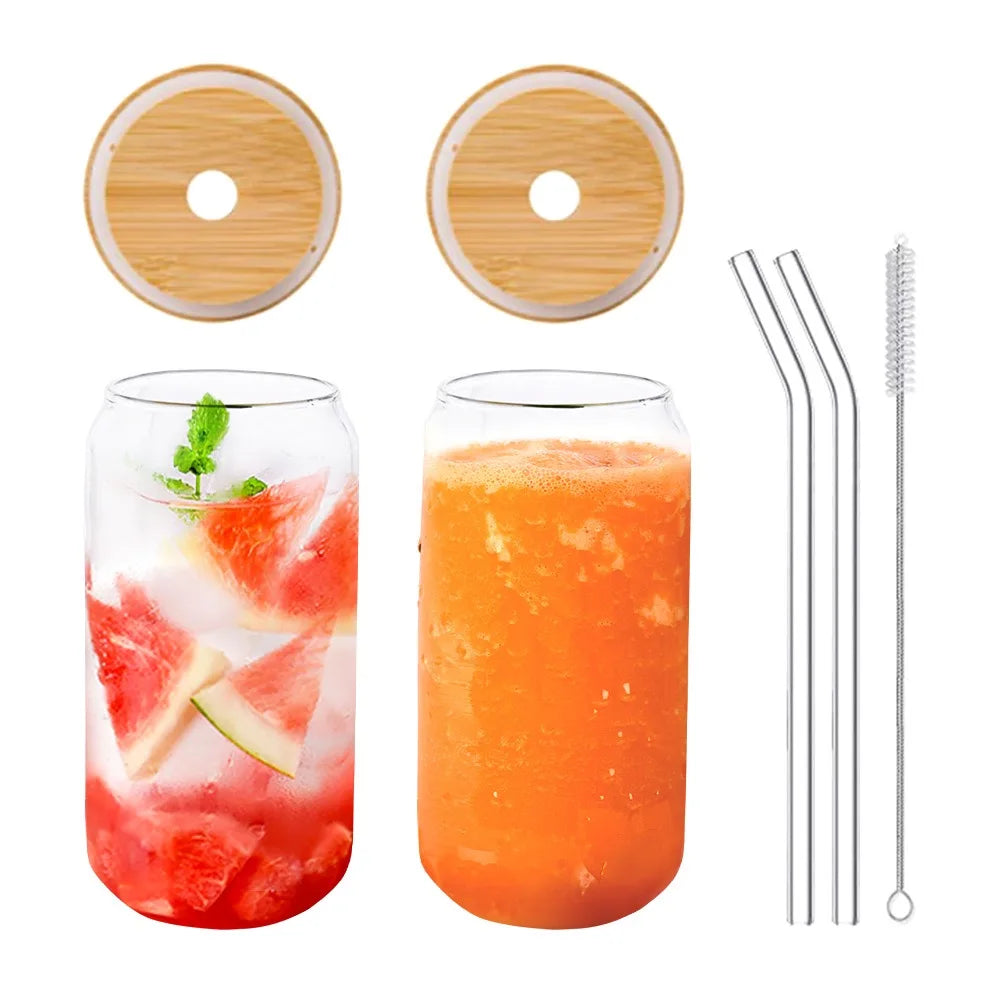 500ml Glass Mug Transparent Water Cup With Bamboo Wood Lid Cola Cup With Lid And Straw Set Juice Glass Beer Milk Water Cups