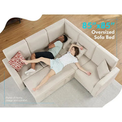 VanAcc Sofa Bed, 85 Inch Sleeper Couch with Storage Seat, L Shaped Sofa with Pull Out Sofa Bed, Sectional Couches