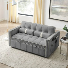 3 in 1 Sleeper Sofa Couch Bed w/Pullout Bed Adjustable Backrest,Cylinder Pillows Tufted Velvet Convertible Loveseat Futon Sofa